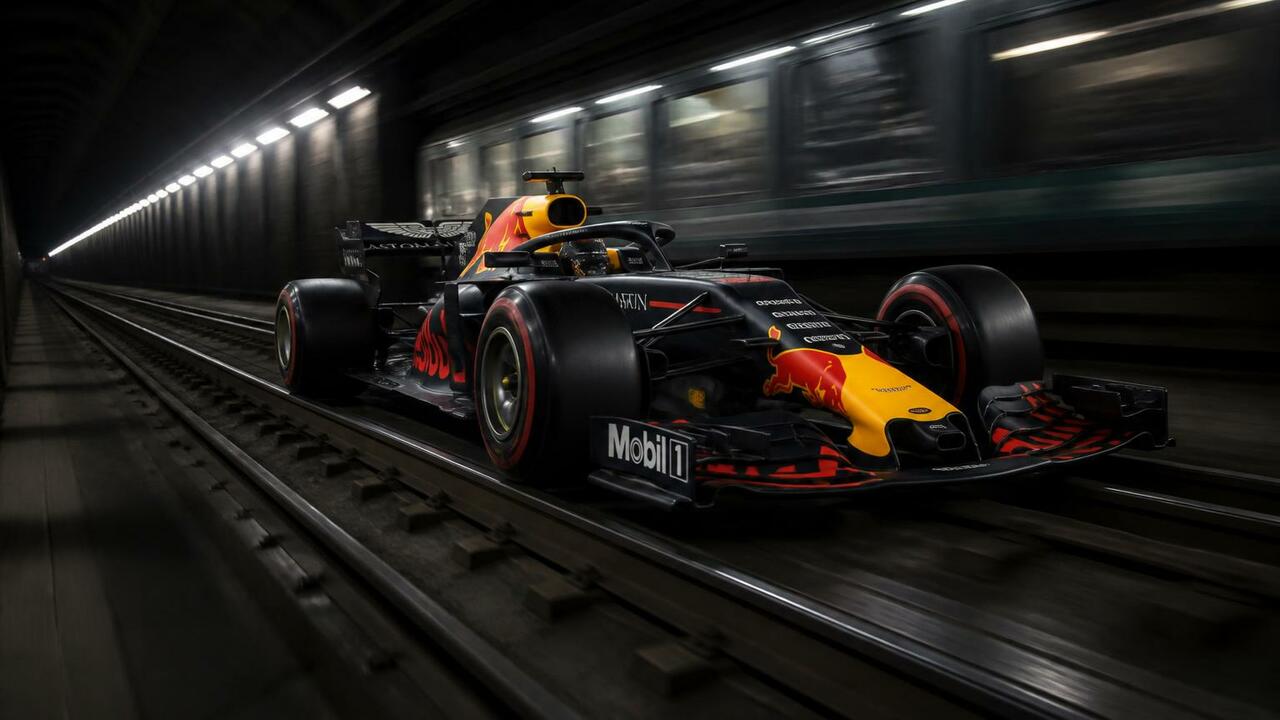 Болид Red Bull проехал по мадридскому метро Болид Red Bull Racing RB8 проехал по рельсам ма...